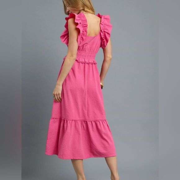 Umgee V-Neck Ruffled Cap Sleeve Midi Dress Pink Ruffle Midi Dress sz Large - Picture 2 of 7